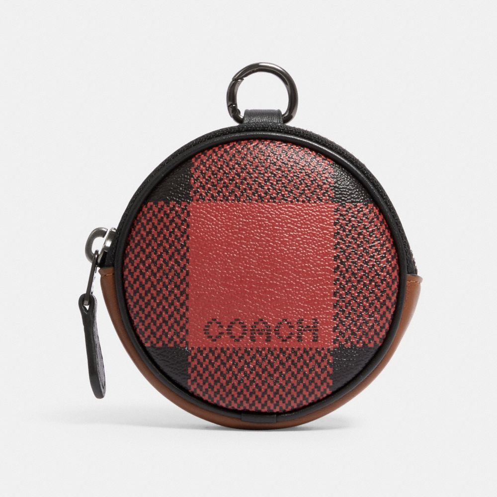 COACH C1508 - ROUND COIN CASE WITH BUFFALO PLAID PRINT QB/RED MULTI