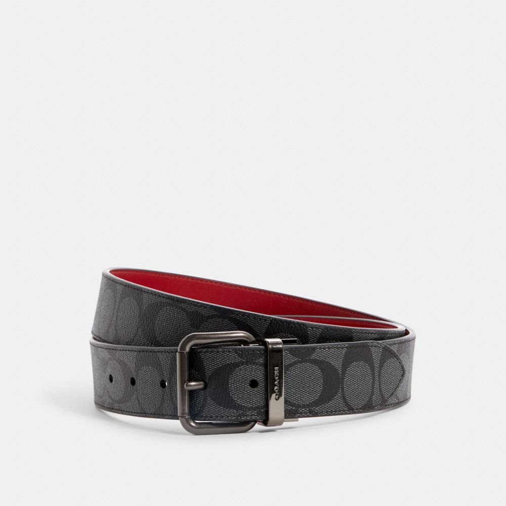 ROLLER BUCKLE CUT-TO-SIZE REVERSIBLE BELT, 38MM - QB/1941 RED CHARCOAL - COACH C1509