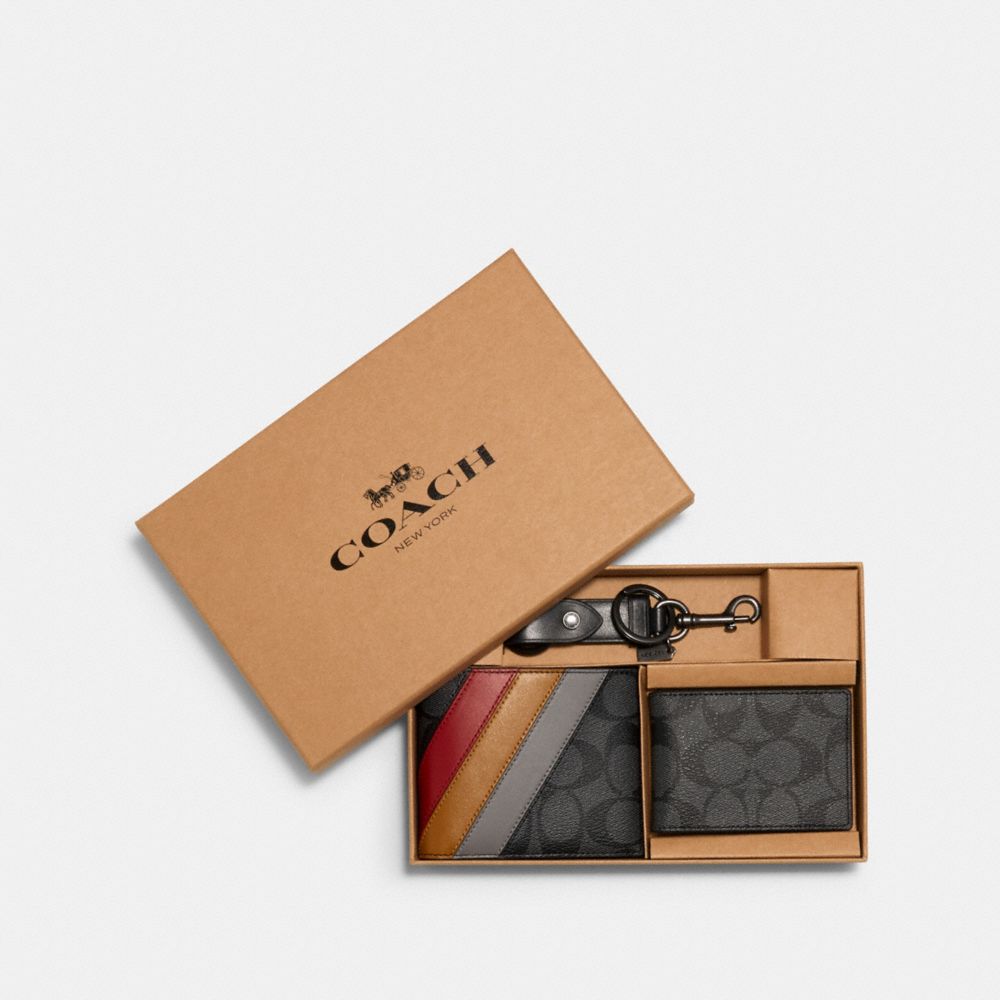 COACH C1515 - BOXED 3-IN-1 WALLET GIFT SET IN SIGNATURE CANVAS WITH DIAGONAL STRIPE PRINT QB/CHARCOAL MULTI