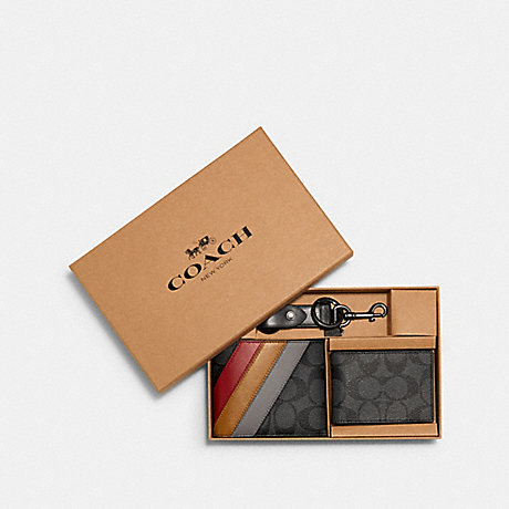 COACH BOXED 3-IN-1 WALLET GIFT SET IN SIGNATURE CANVAS WITH DIAGONAL STRIPE PRINT - QB/CHARCOAL MULTI - C1515