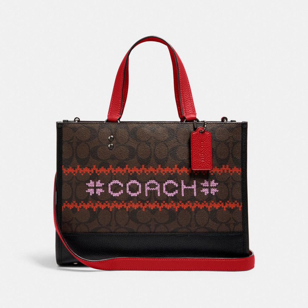 COACH C1527 DEMPSEY CARRYALL IN SIGNATURE CANVAS WITH FAIR ISLE GRAPHIC QB/BROWN/1941 RED MULTI