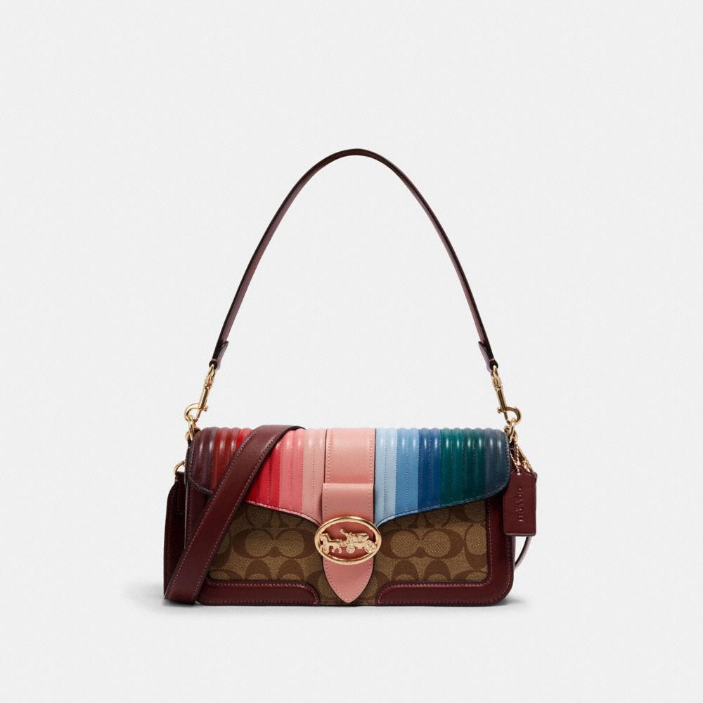 GEORGIE SHOULDER BAG IN SIGNATURE CANVAS WITH RAINBOW LINEAR QUILTING - C1530 - IM/KHAKI/CANDY PINK MULTI