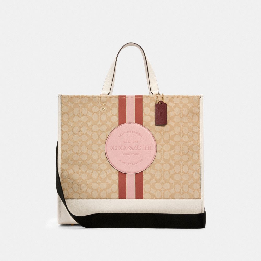 COACH DEMPSEY TOTE 40 IN SIGNATURE JACQUARD WITH STRIPE AND COACH PATCH - IM/LT KHAKI/POWDER PINK MULTI - C1548