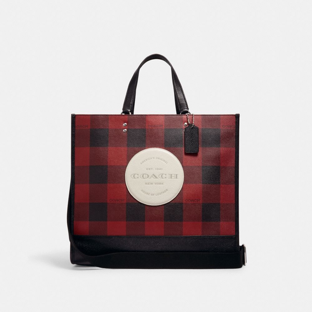 COACH C1549 DEMPSEY TOTE 40 WITH BUFFALO PLAID PRINT AND COACH PATCH SV/BLACK/1941 RED MULTI