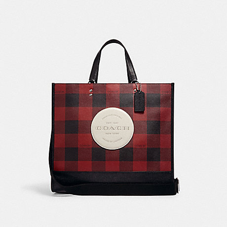 COACH DEMPSEY TOTE 40 WITH BUFFALO PLAID PRINT AND COACH PATCH - SV/BLACK/1941 RED MULTI - C1549