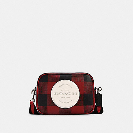 COACH C1550 DEMPSEY CAMERA BAG WITH BUFFALO PLAID PRINT AND COACH PATCH SV/BLACK/1941 RED MULTI