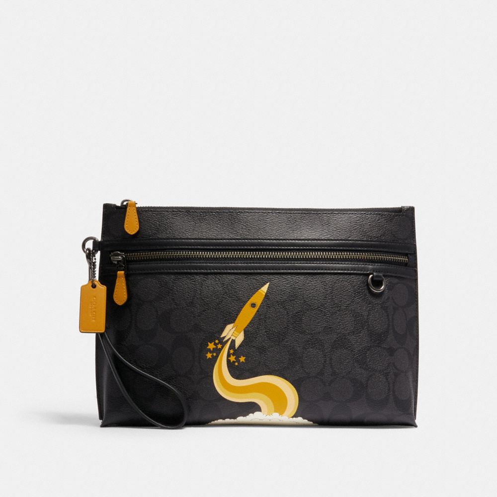 COACH C1604 CARRYALL POUCH IN SIGNATURE CANVAS WITH TRIUMPH MOTIF QB/BLACK-YELLOW