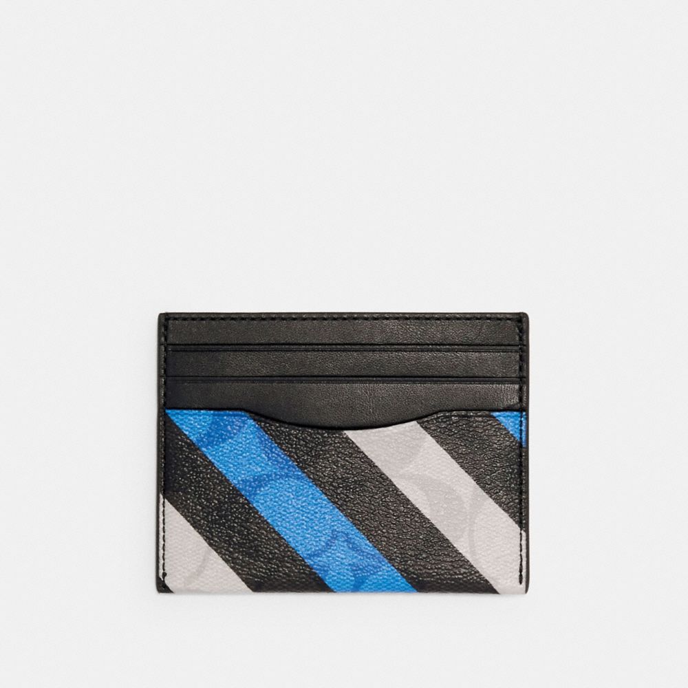 COACH C1608 Slim Card Case In Signature Canvas With Diagonal Stripe Print QB/BLUE MULTI
