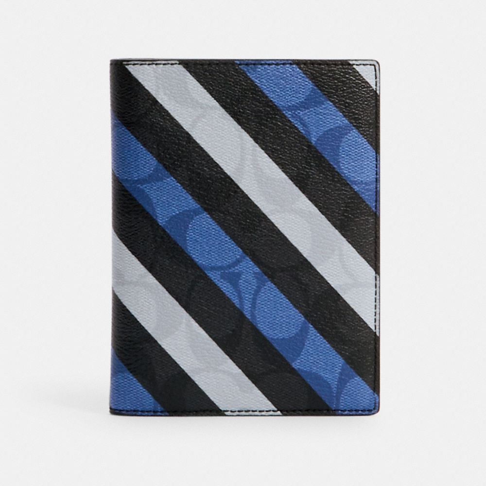 COACH C1610 Passport Case In Signature Canvas With Diagonal Stripe Print QB/BLUE MULTI