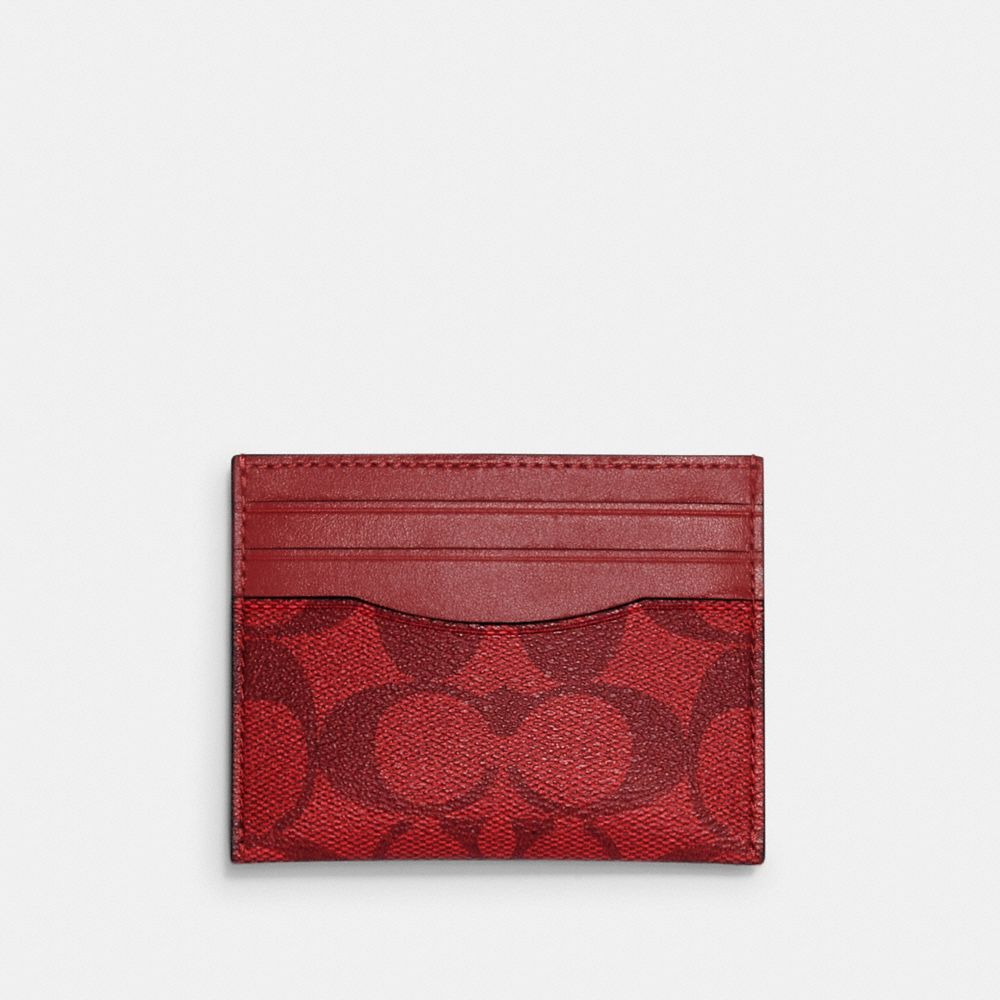 COACH C1613 Slim Card Case In Signature Canvas QB/CHERRY