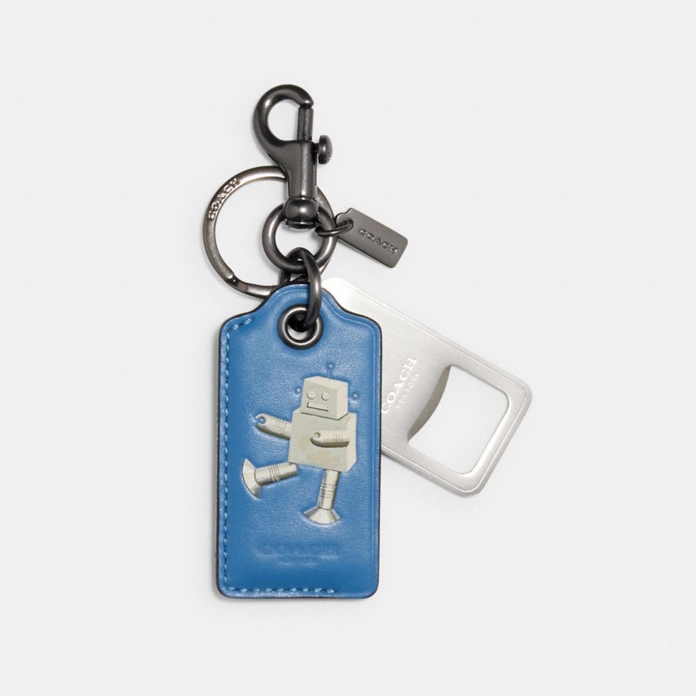 COACH C1617 - BOTTLE OPENER KEY FOB IN SIGNATURE CANVAS ROBOT QB/BLUE JAY MULTI