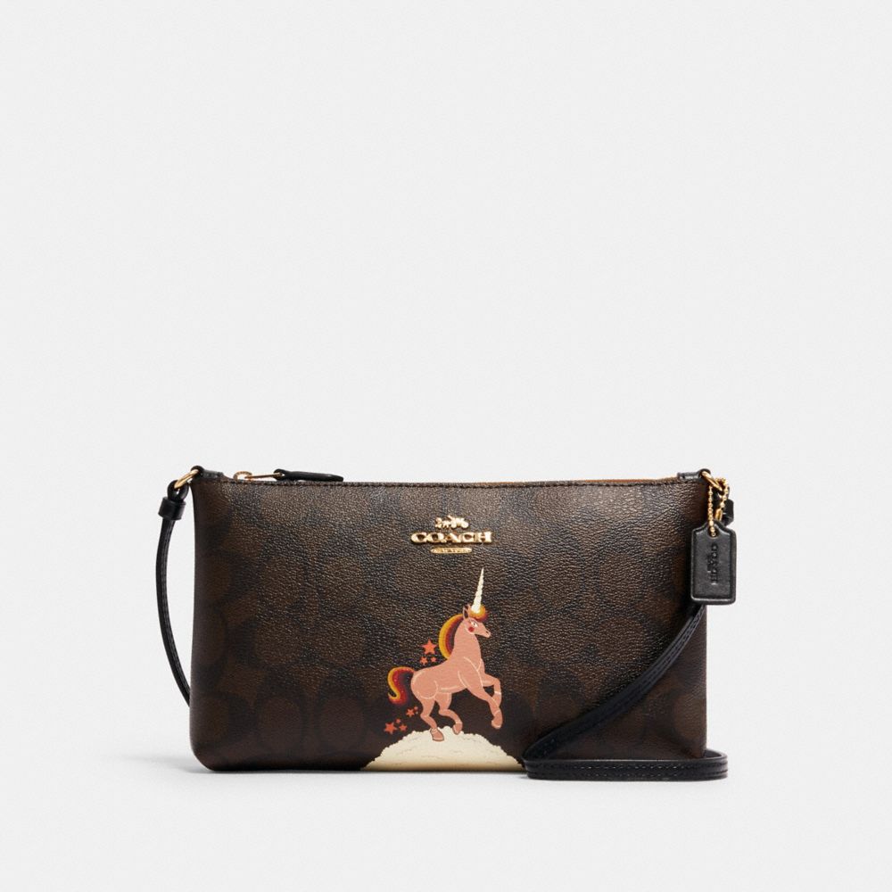 COACH C1654 ZIP TOP CROSSBODY IN SIGNATURE CANVAS WITH UNICORN IM/BROWN-BLACK-MULTI