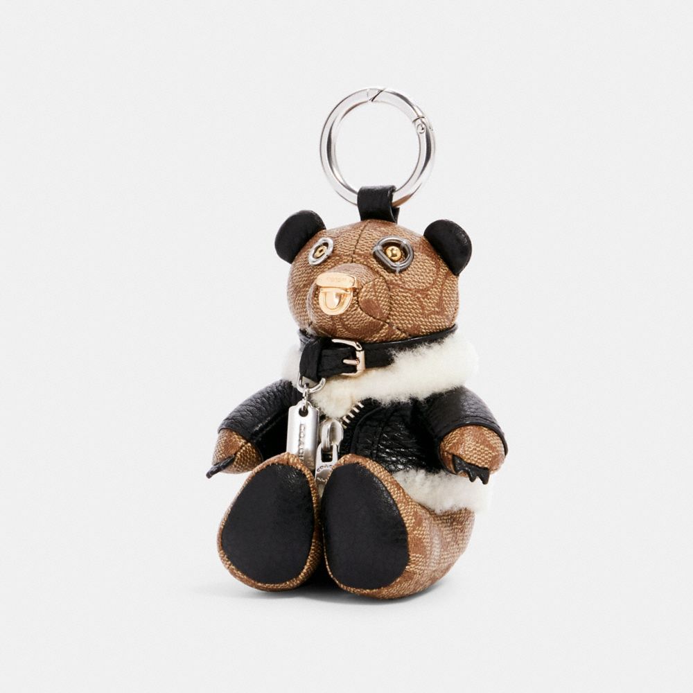 COACH C1677 Bear Bag Charm In Signature Canvas With Moto Jacket SV/KHAKI/BLACK