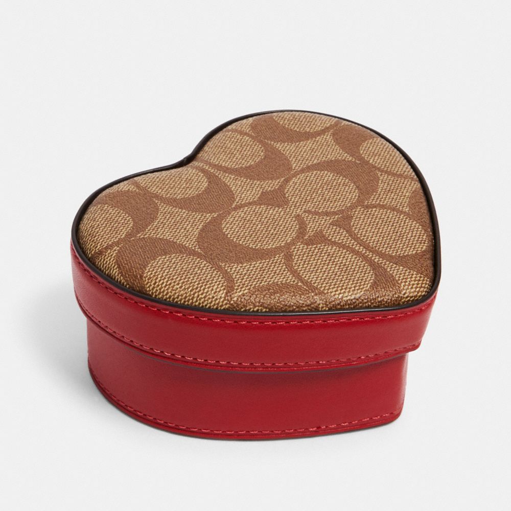 COACH C1690 Heart Trinket Box In Signature Canvas KHAKI 1941 RED