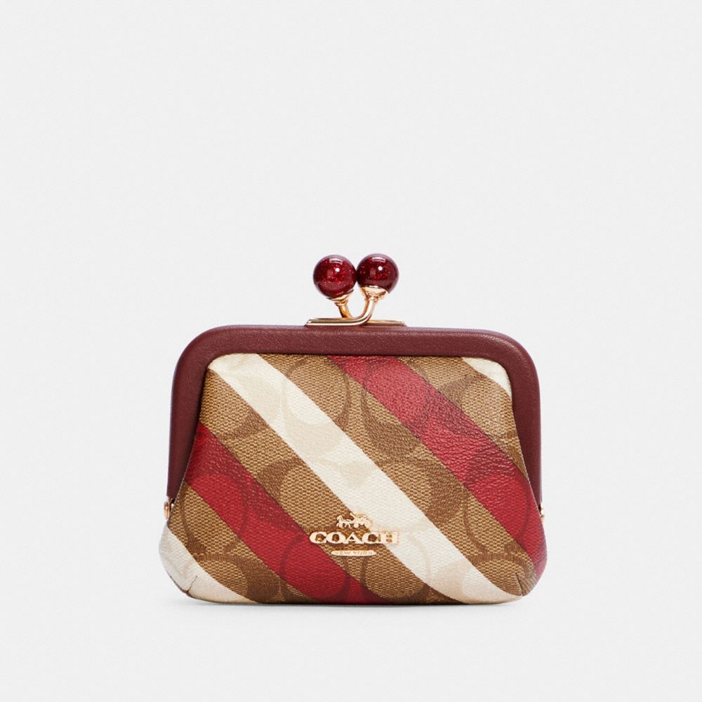 NORA KISSLOCK CARD CASE IN SIGNATURE CANVAS WITH DIAGONAL STRIPE PRINT - IM/KHAKI MULTI - COACH C1709