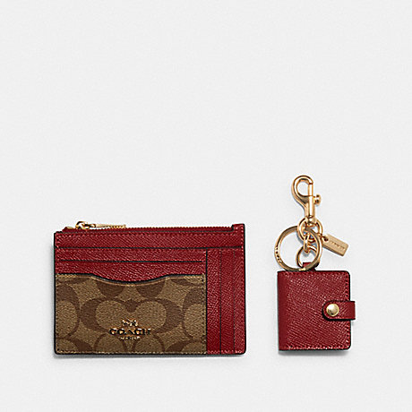 COACH C1752 BOXED XL MINI SKINNY ID CASE AND PICTURE BAG CHARM SET IN SIGNATURE CANVAS IM/KHAKI/1941 RED