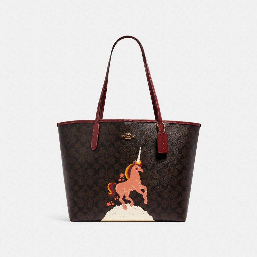 COACH CITY TOTE IN SIGNATURE CANVAS WITH UNICORN - IM/BROWN BLACK MULTI - C1780