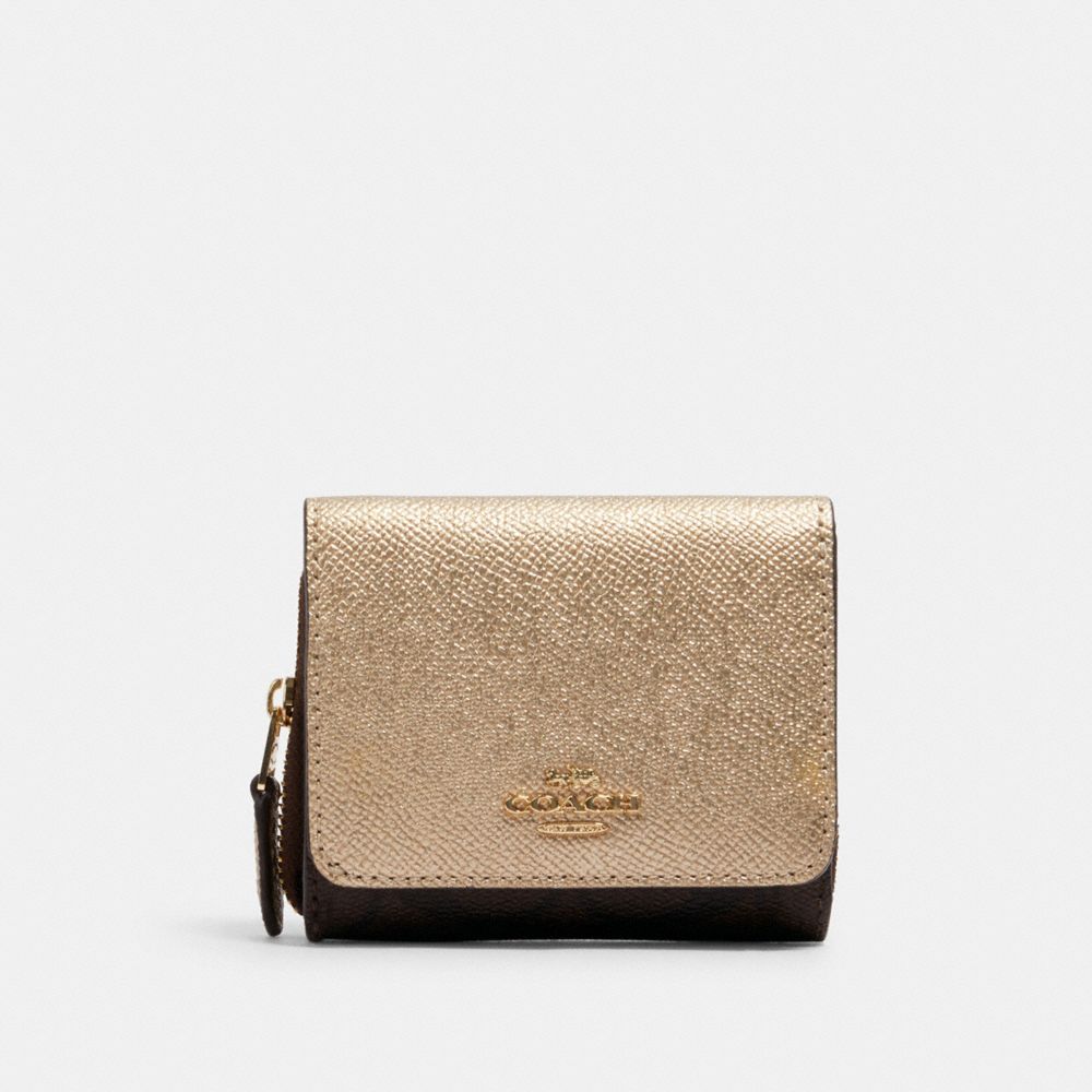 Coach C1825 Small Trifold Wallet In Signature Canvas Im Brown Metallic Pale Gold Coach Clearance