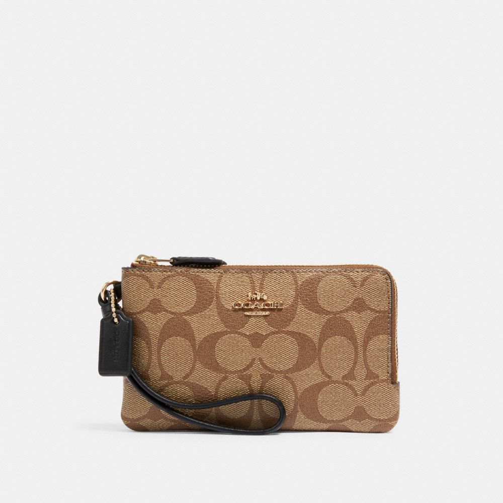 COACH Double Corner Zip Wristlet In Blocked Signature Canvas - GOLD/KHAKI BROWN MULTI - C1859