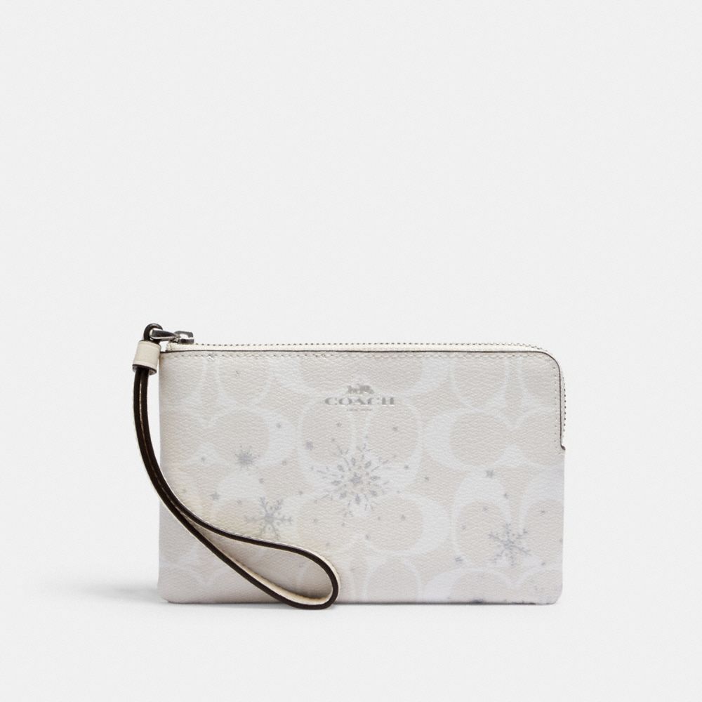 COACH C1862 Corner Zip Wristlet In Signature Canvas With Snowflake Print SV/CHALK MULTI