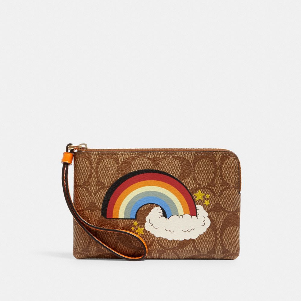 COACH C1869 - CORNER ZIP WRISTLET IN SIGNATURE CANVAS WITH RAINBOW IM/KHAKI MULTI