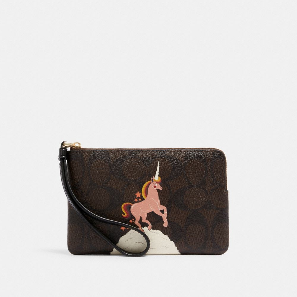 COACH C1870 Corner Zip Wristlet In Signature Canvas With Unicorn IM/BROWN BLACK MULTI