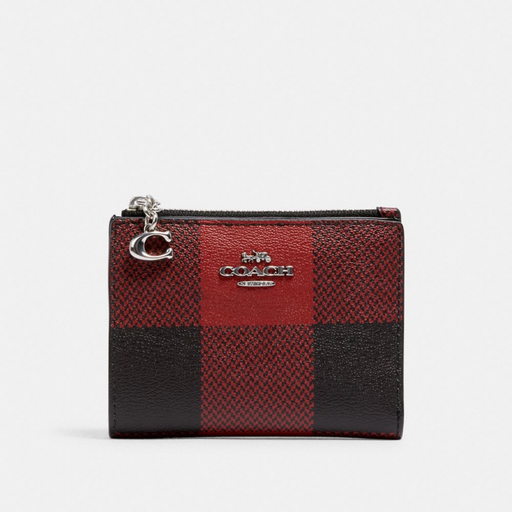 COACH SNAP CARD CASE WITH BUFFALO PLAID PRINT - SV/BLACK/1941 RED MULTI - C1884