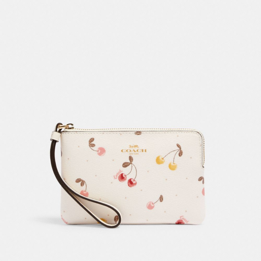 COACH C1893 Corner Zip Wristlet With Painted Cherry Print IM/CHALK MULTI