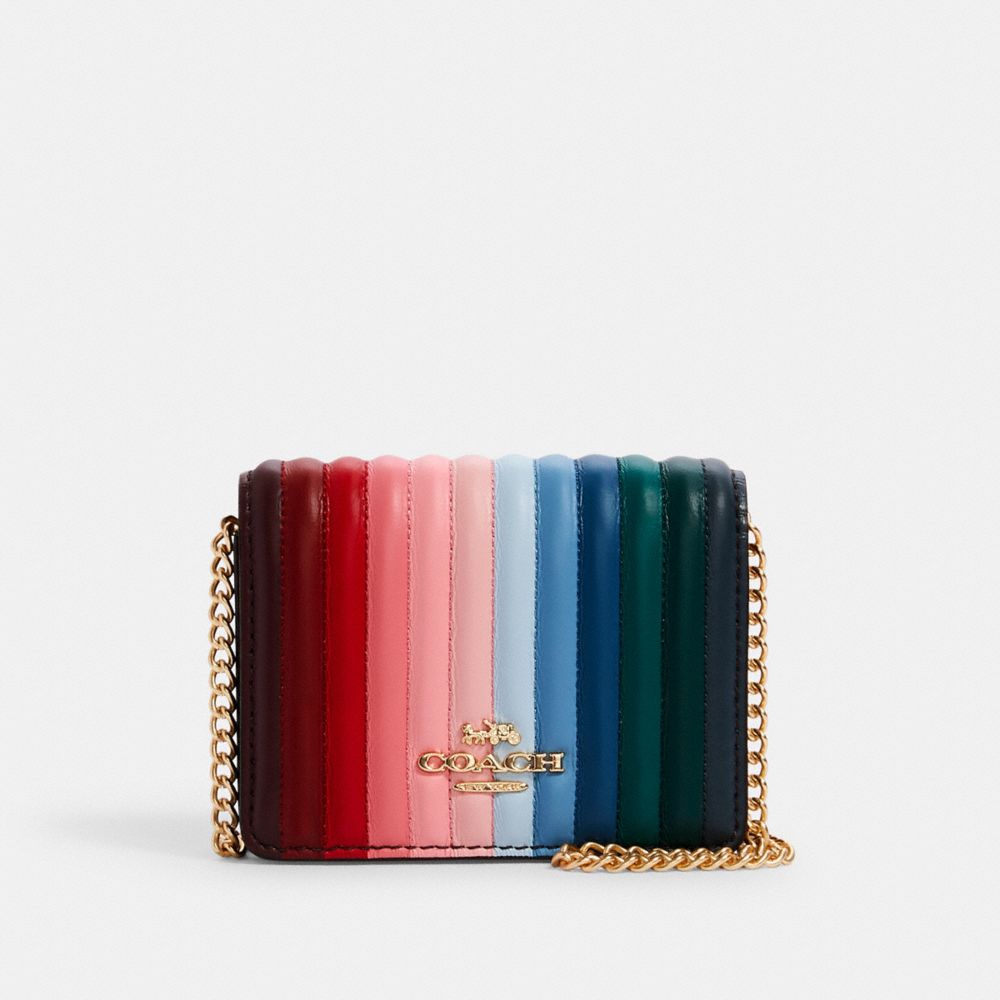 COACH MINI WALLET ON A CHAIN WITH RAINBOW LINEAR QUILTING - IM/CANDY PINK MULTI - C1901