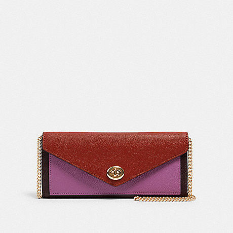 COACH SLIM ENVELOPE WALLET WITH CHAIN IN COLORBLOCK - IM/TERRACOTTA/YELLOW MULTI - C1909