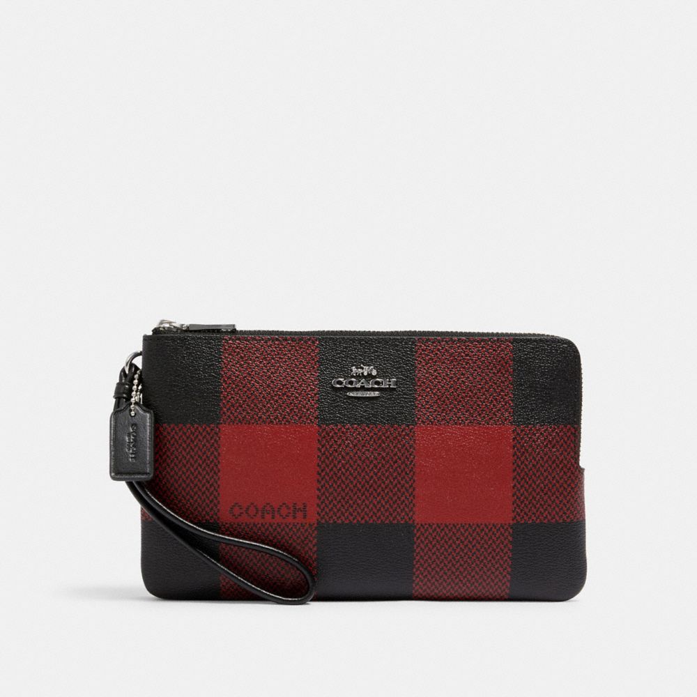 COACH C1915 - DOUBLE ZIP WALLET WITH BUFFALO PLAID PRINT SV/BLACK/1941 RED MULTI