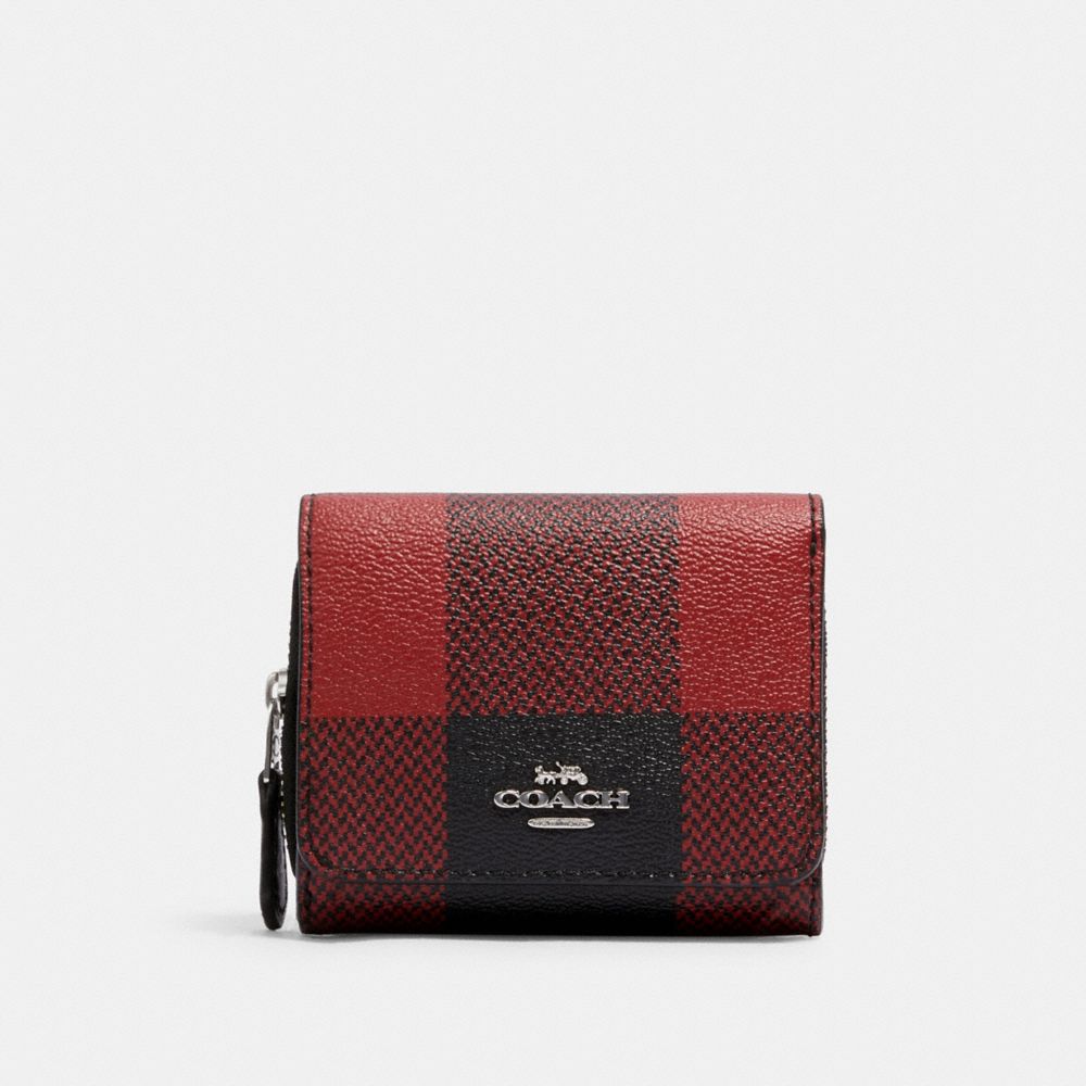 COACH C1916 SMALL TRIFOLD WALLET WITH BUFFALO PLAID PRINT SV/BLACK/1941 RED MULTI