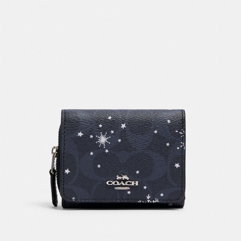 COACH C1928 Small Trifold Wallet In Signature Canvas With Snowflake Print SV/MIDNIGHT MULTI