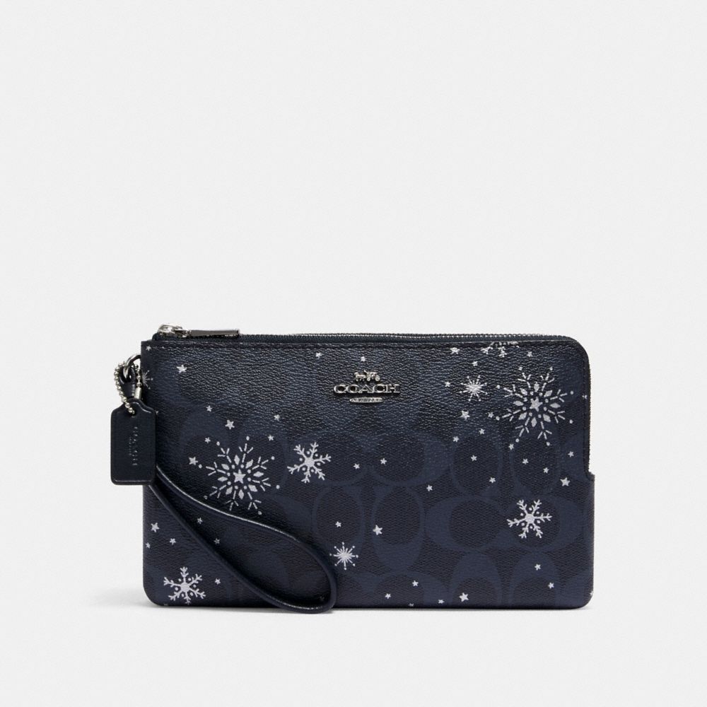 COACH C1929 Double Zip Wallet In Signature Canvas With Snowflake Print SV/MIDNIGHT MULTI