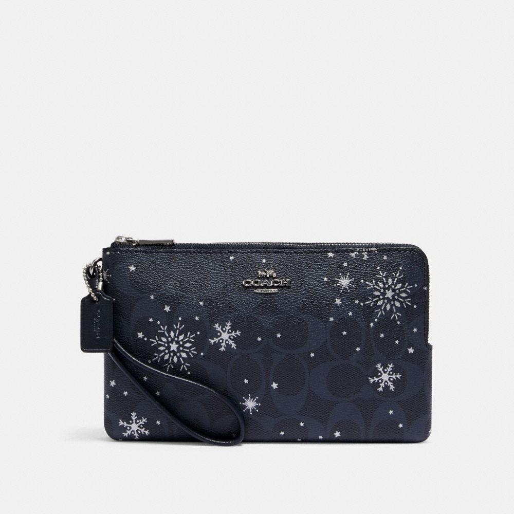 COACH C1929 DOUBLE ZIP WALLET IN SIGNATURE CANVAS WITH SNOWFLAKE PRINT SV/MIDNIGHT MULTI