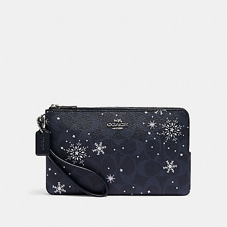 COACH C1929 DOUBLE ZIP WALLET IN SIGNATURE CANVAS WITH SNOWFLAKE PRINT SV/MIDNIGHT MULTI