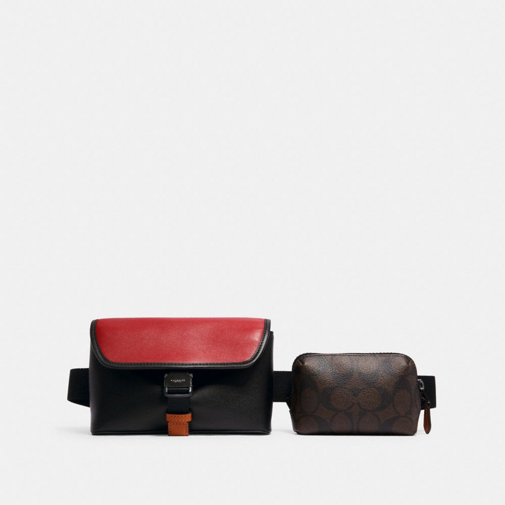 RIDER DOUBLE BELT BAG IN COLORBLOCK SIGNATURE CANVAS - C2076 - QB/MAHOGANY MULTI