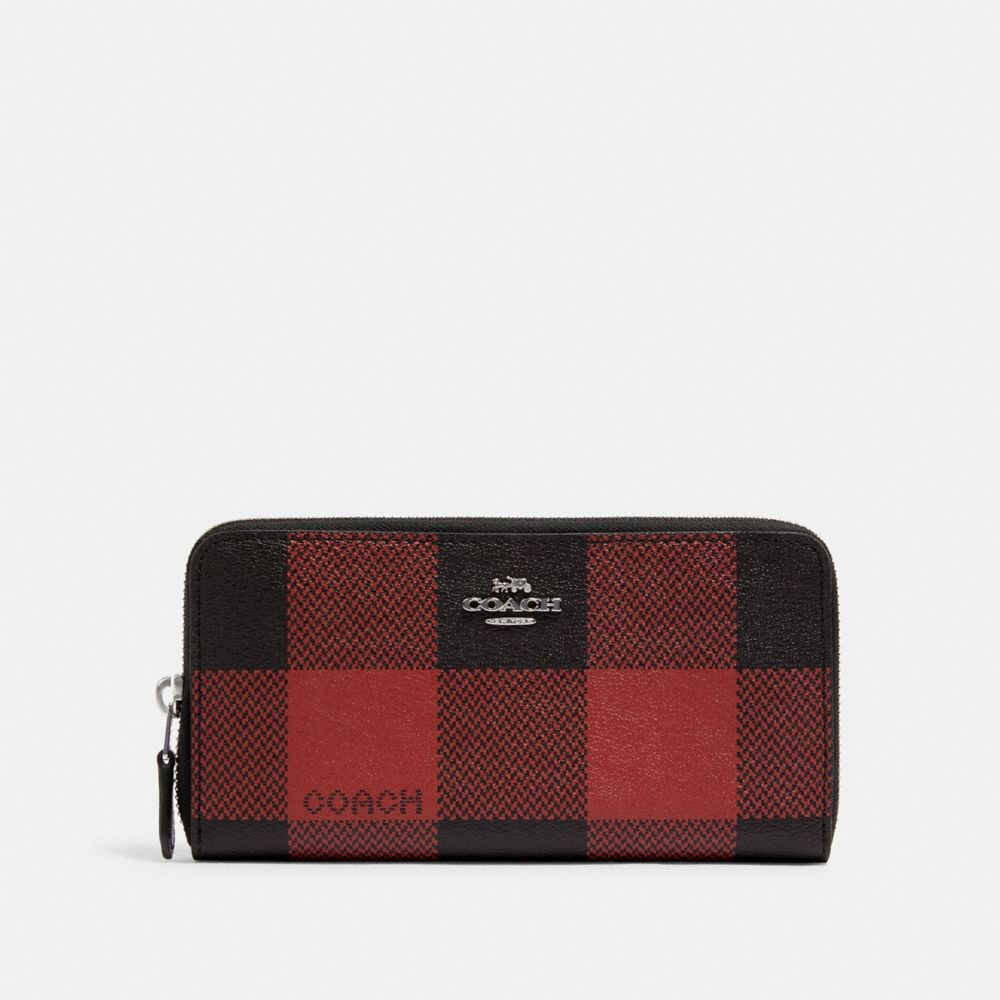 COACH C2135 ACCORDION ZIP WALLET WITH BUFFALO PLAID PRINT SV/BLACK/1941 RED MULTI