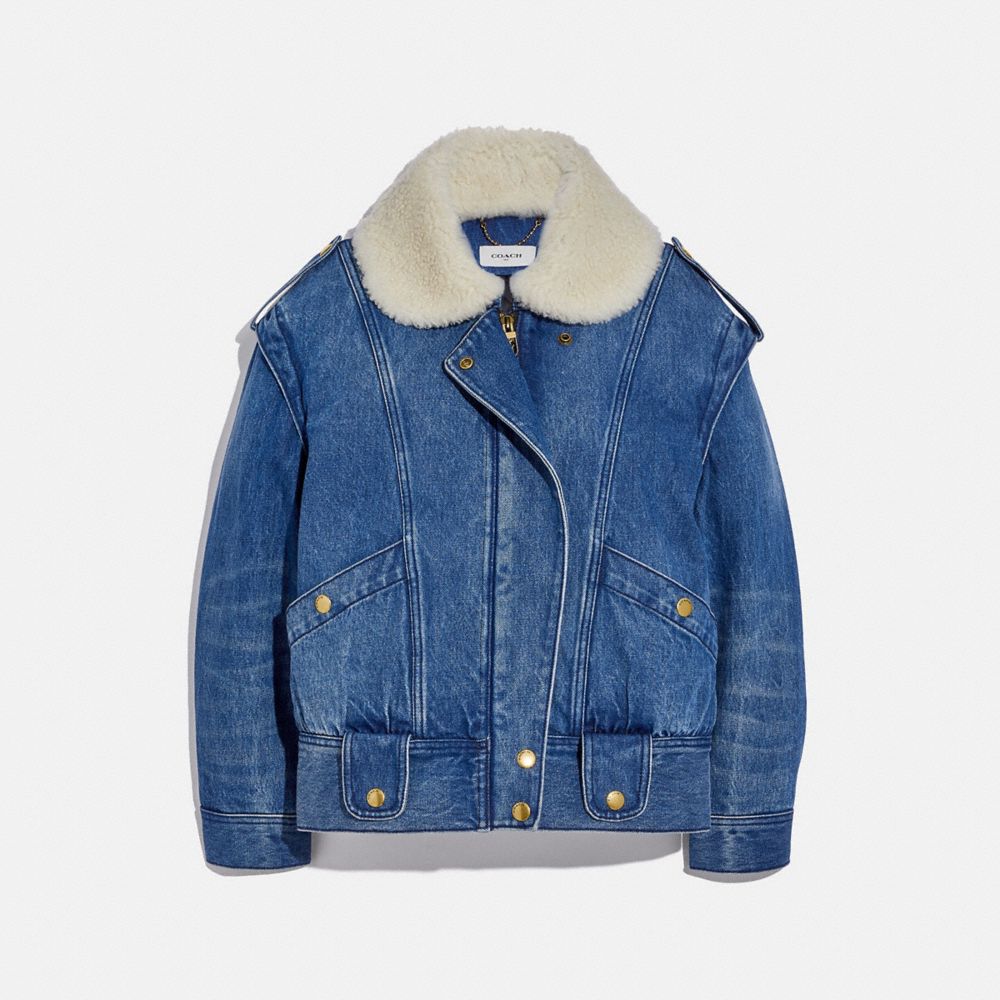 WASHED DENIM JACKET WITH SHEARLING COLLAR