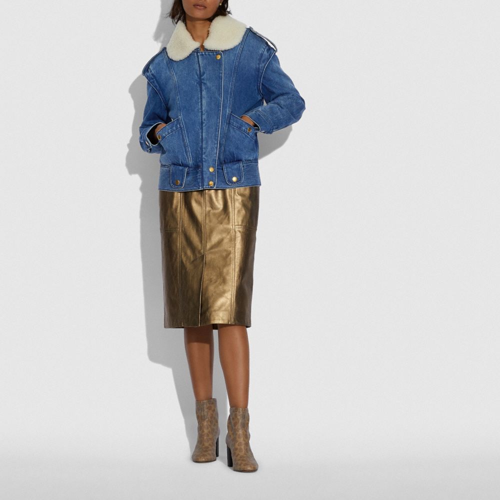 WASHED DENIM JACKET WITH SHEARLING COLLAR