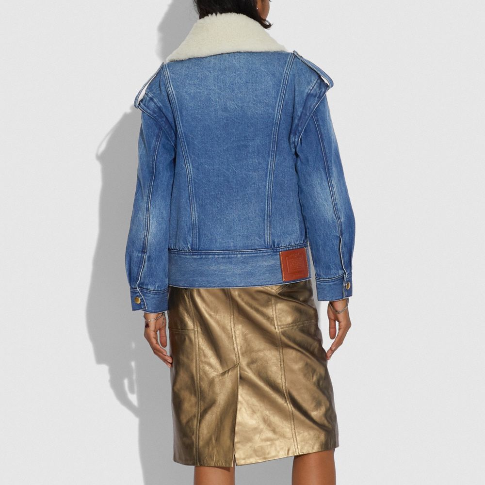 WASHED DENIM JACKET WITH SHEARLING COLLAR