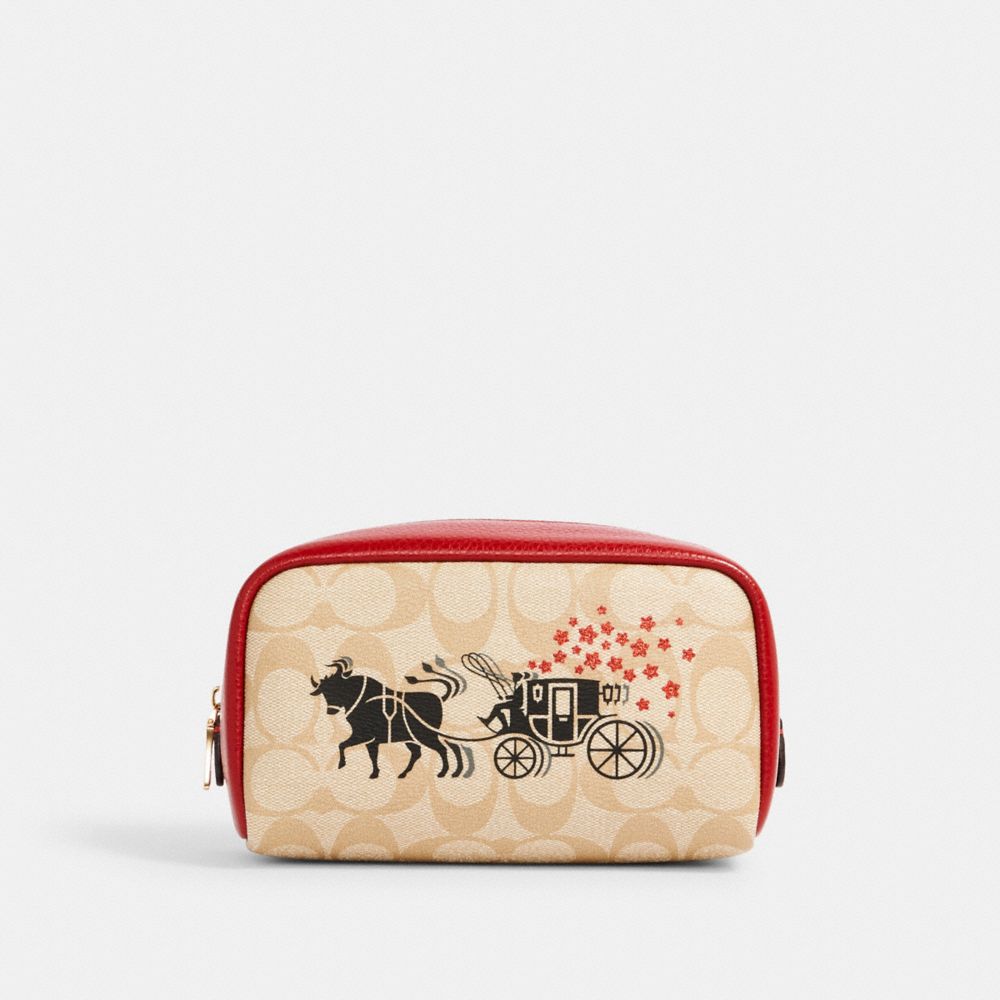 LUNAR NEW YEAR SMALL BOXY COSMETIC CASE IN SIGNATURE CANVAS WITH OX AND CARRIAGE - IM/LIGHT KHAKI MULTI - COACH C2257