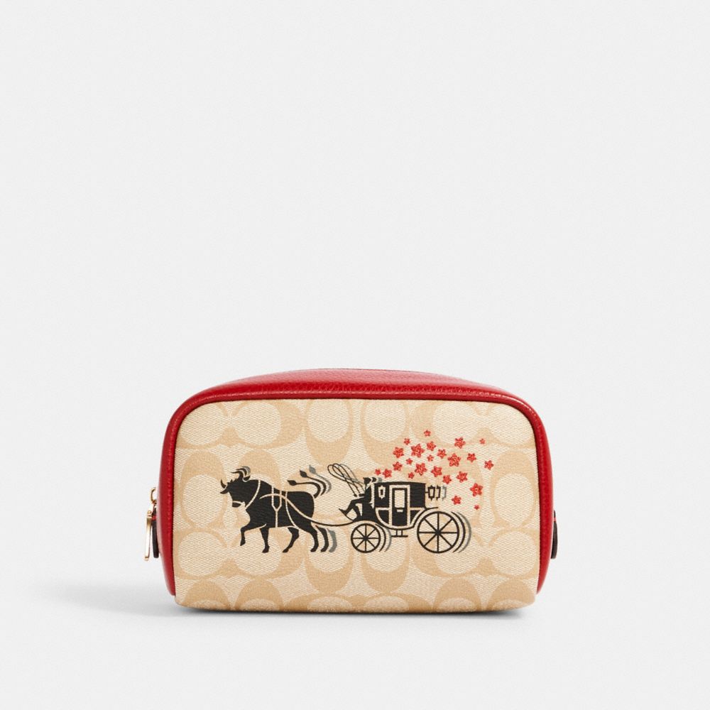 COACH LUNAR NEW YEAR SMALL BOXY COSMETIC CASE IN SIGNATURE CANVAS WITH OX AND CARRIAGE - IM/LIGHT KHAKI MULTI - C2257