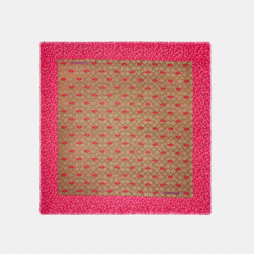 SIGNATURE LIPS PRINT SILK SQUARE SCARF - KHAKI/PINK - COACH C2490