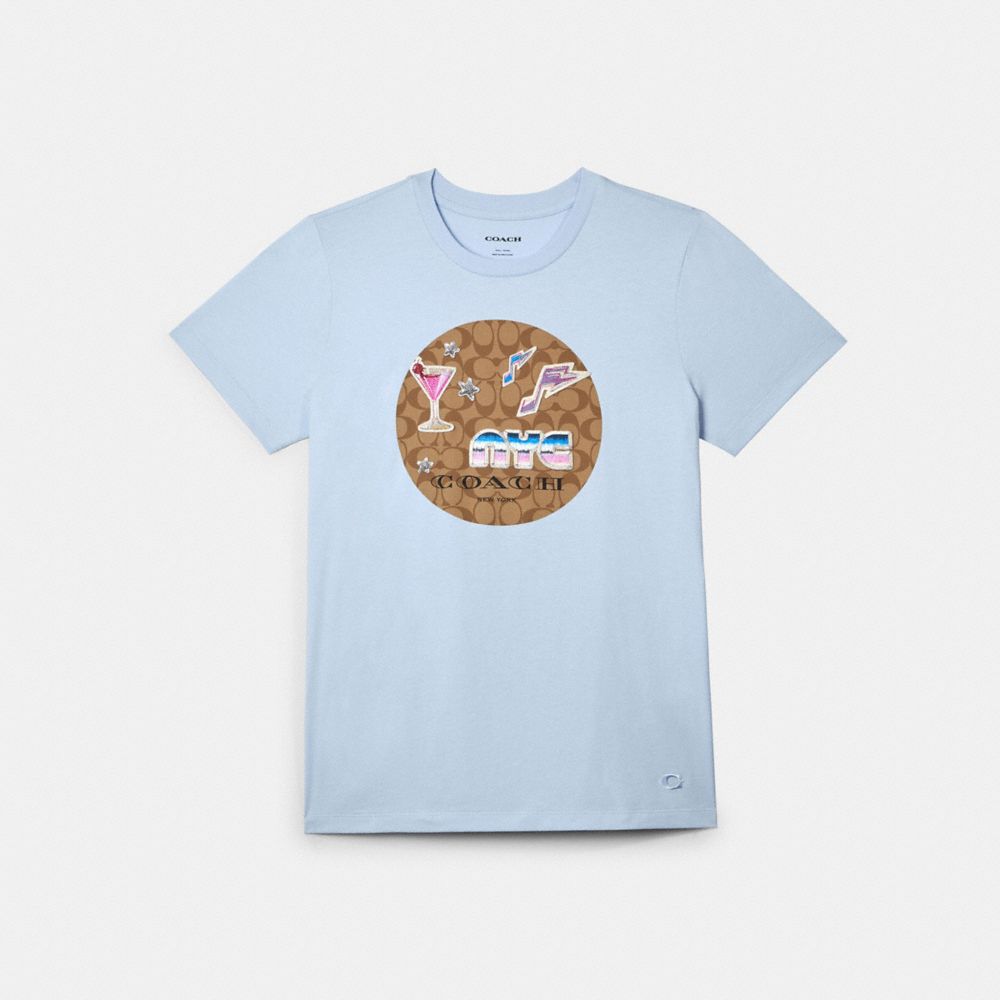 COACH C2521 T-SHIRT WITH SIGNATURE 80'S PATCHES SKY