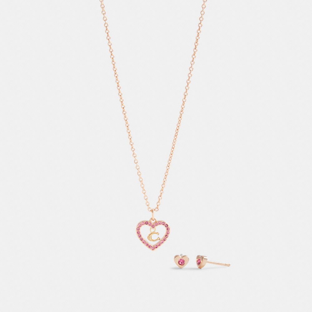 COACH C2729 Heart Necklace And Stud Earrings Set RS/PINK