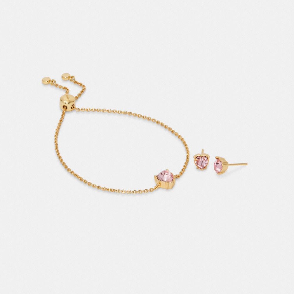 COACH HEART CRYSTAL STUD BRACELET AND EARRINGS SET - GD/PINK - C2742