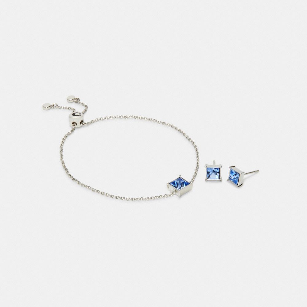 COACH C2743 Square Crystal Stud Bracelet And Earrings Set SV/BLUE