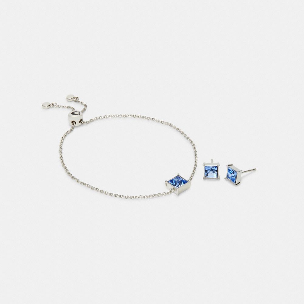 COACH SQUARE CRYSTAL STUD BRACELET AND EARRINGS SET - SV/BLUE - C2743