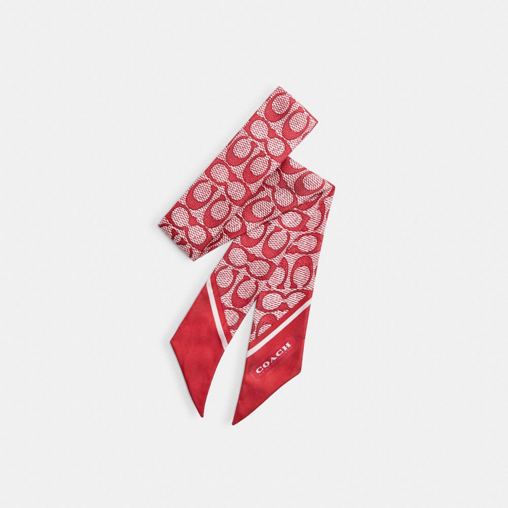 COACH&reg;,Textured Signature Print Silk Skinny Scarf,Silk,Neckerchief,Color Block,Casual,True Red